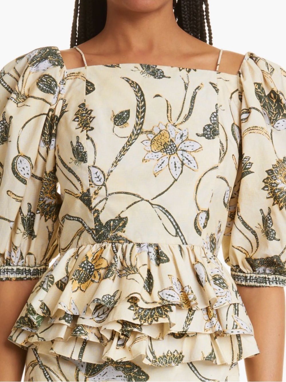 Ulla Johnson Carlotta Floral Cotton Peplum Top Puff Sleeve Lace Up Back Cottage